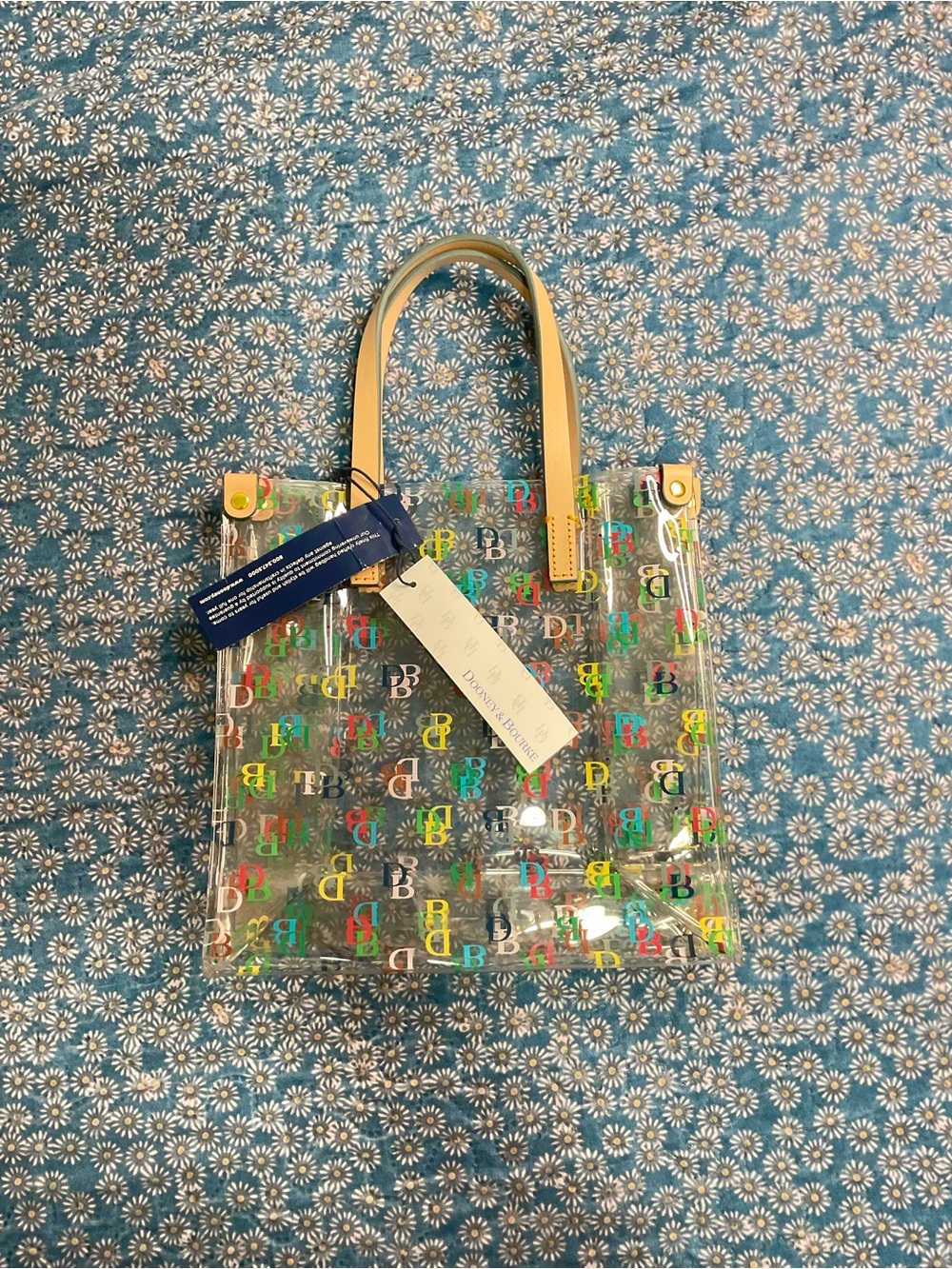 Dooney & Bourke Clear Tote with Multicolor DB Print and Tan Handles